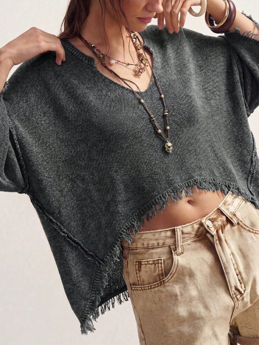 Grey Casual Women's Tassel Design Long Sleeve Sweater - Picture 6 of 11